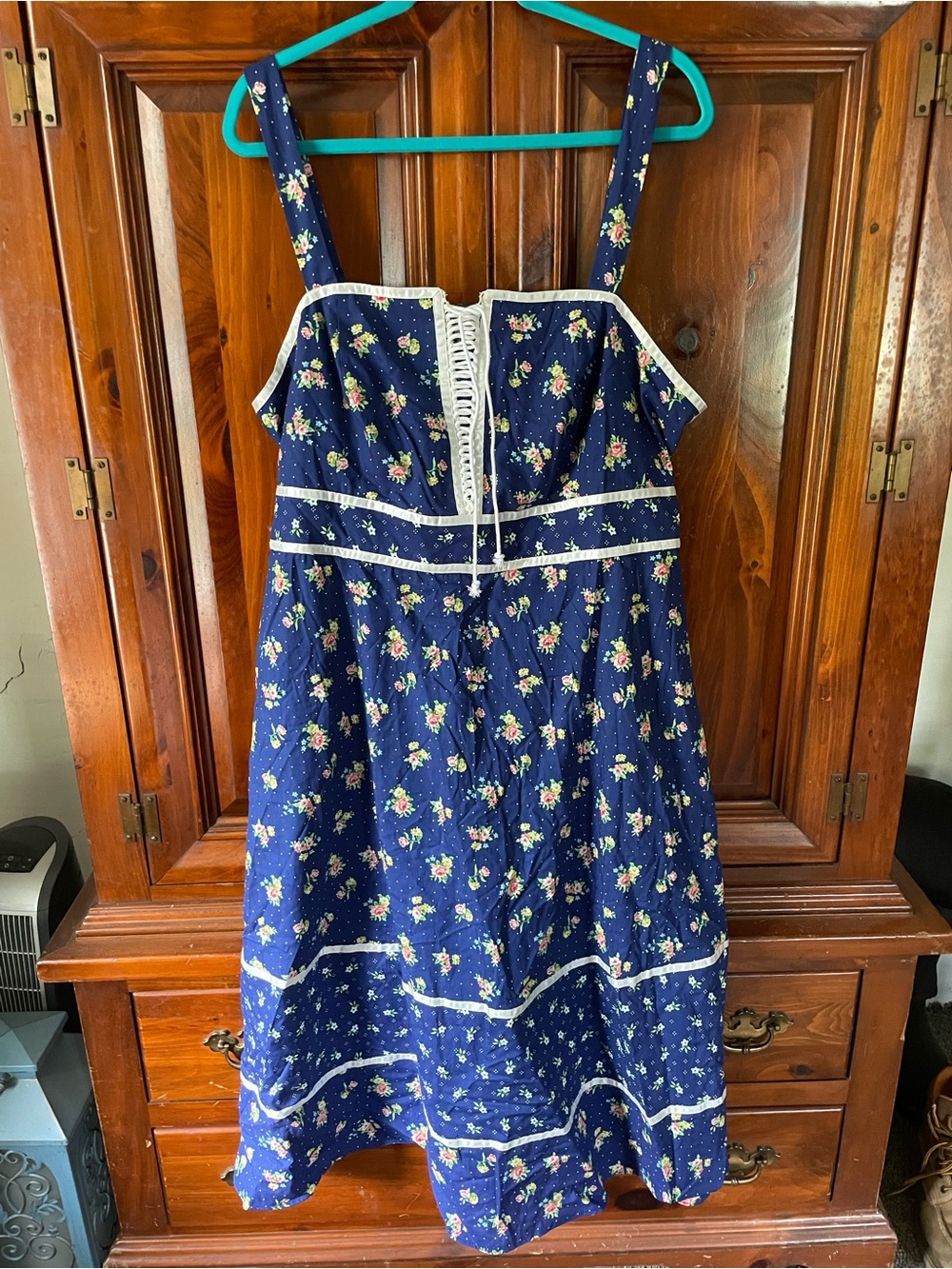 Navy Floral Casual Sundress with Lace-Up Front